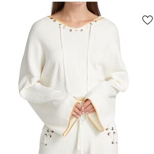 Ramy Brook Cream Ribbed Hoodie with Gold Trim